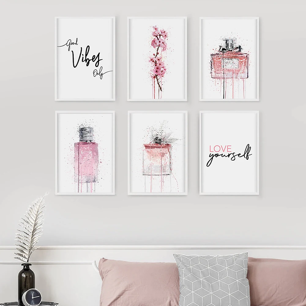 Pink print painting fashion perfume art poster watercolor boudoir canvas painting abstract print wall picture for barbecue bed r