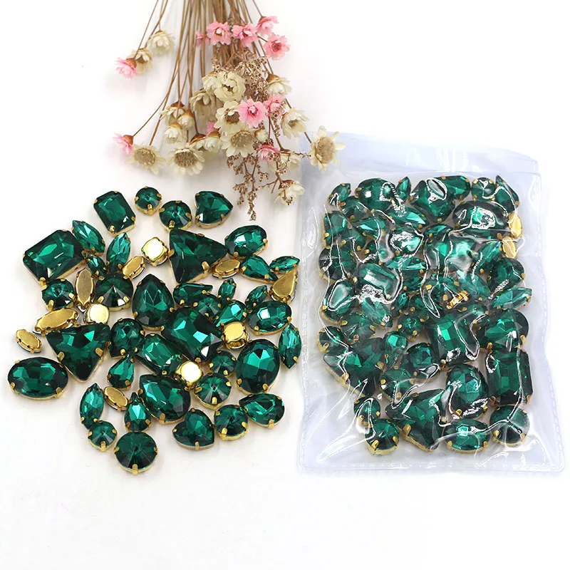 50pcs/bag high quality mixed shape Malachite Green glass crystal sew on gold claw rhinestones diy clothing accessories