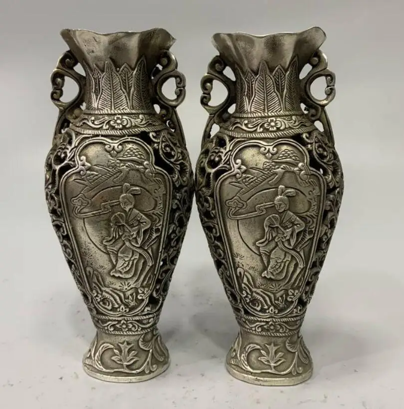 

China White copper beauty female vase crafts statue A pair