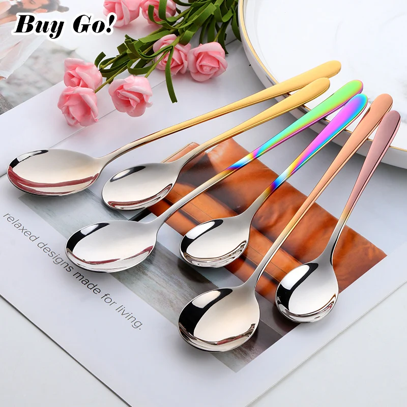 1PC Colorful Stainless Steel Korean Dessert Spoon Gold Silver Coffee Spoon With Long Handle Ice Cream Mixing Tea Spoon Tableware