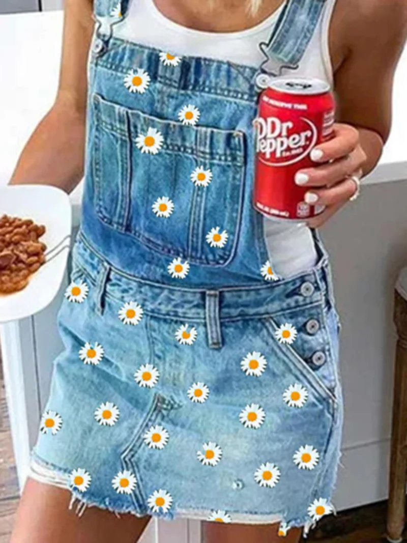 Women Denim Dress Sundress Vintage Flowers Print Sleeveless Overalls Dresses Female Casual Adjustable Strap Cowboy Short Dress