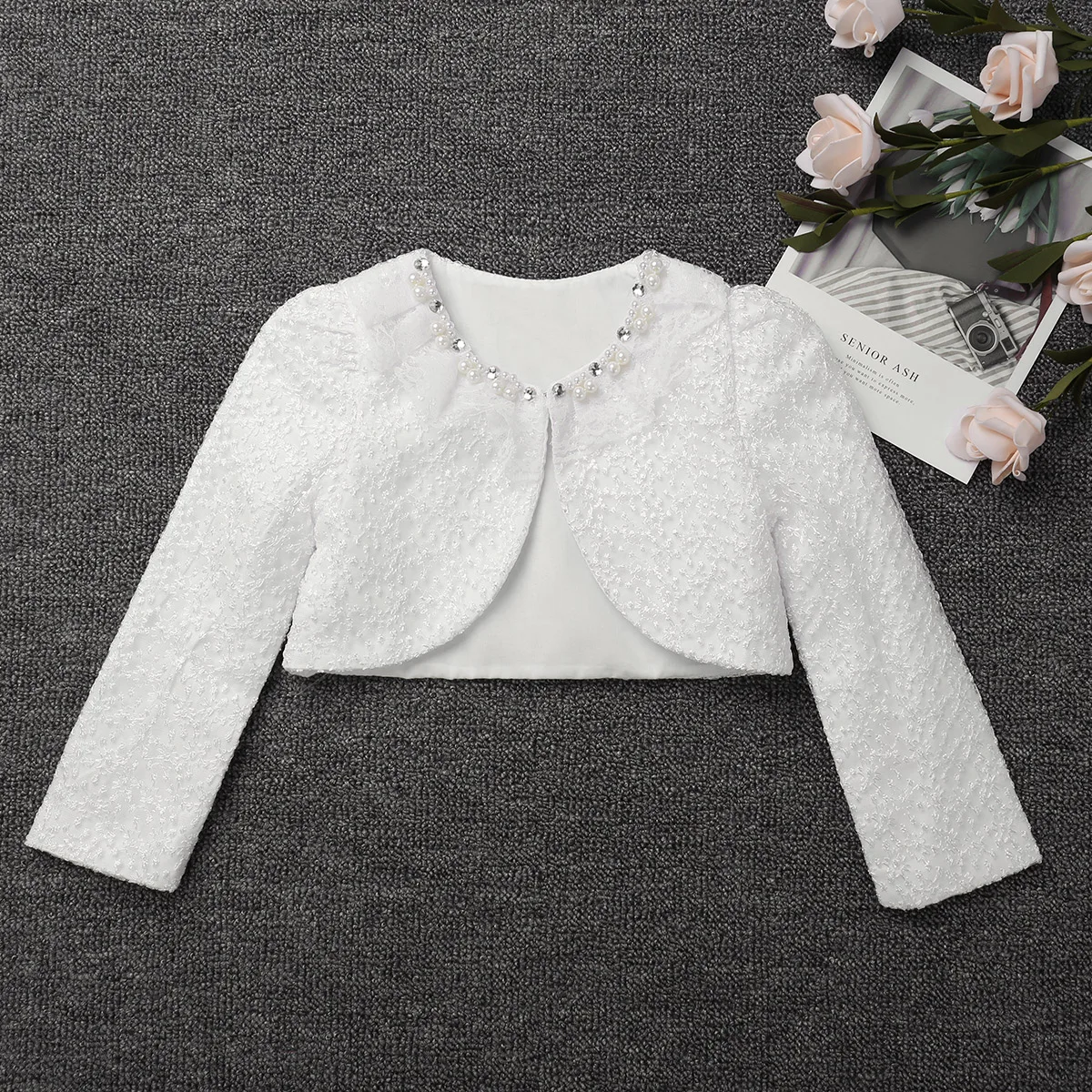 

White Kids Girls Long Sleeve Cardigan Top Lace Knitted Cropped Bolero Shrug Wedding Party Jackets Flower Girl Dress Jacket Cape