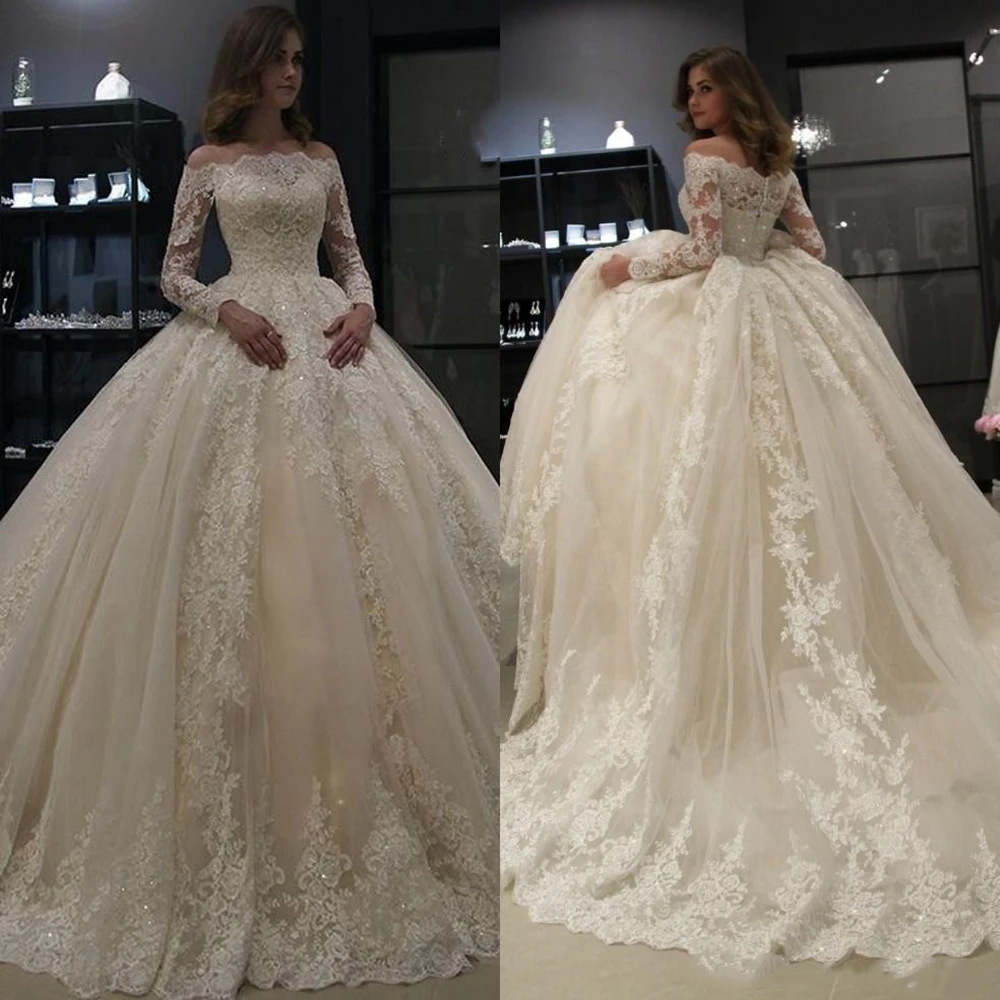 Fait sur commande 2020 arabe Bateau cou dentelle robes de mariée avec manches longues Tulle Applique ruché balayage Train mariée robe de mariée