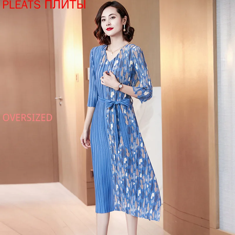 

MIYAKE-Printed Belt Dress for Women, Pleated Robe, Elegant PLEATS, Spring and Autumn, New