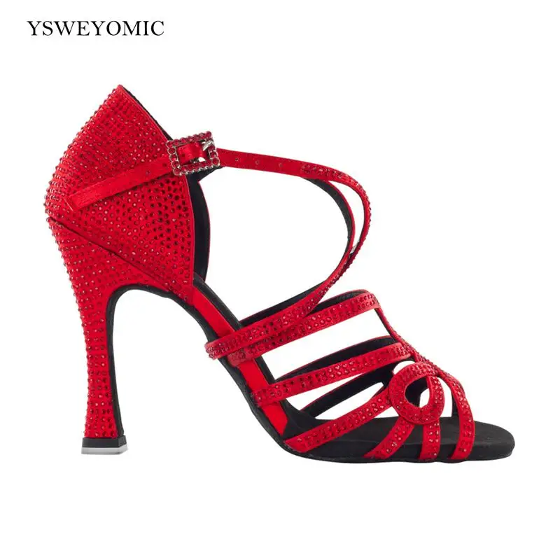 Dance Shoes 2021 New Style Red Satin Crystal High Quality Suede Outsole Women Latin Dance Shoes Indoor Customized Latin Shoes