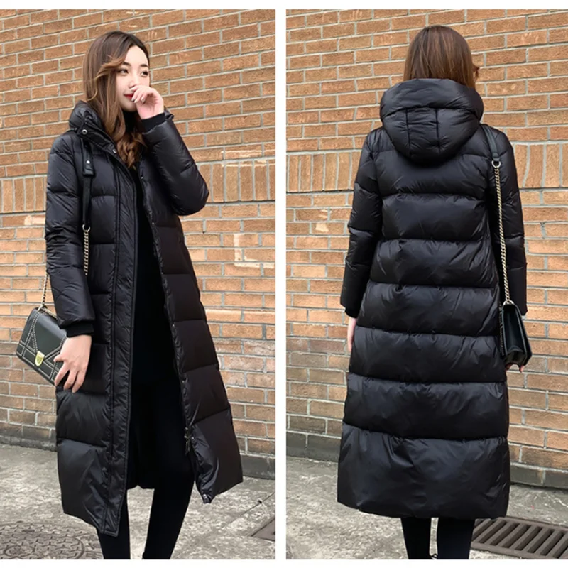 winter warm thick puffer women down cotton jackets black  shiny hooded zipper long padded winter coat