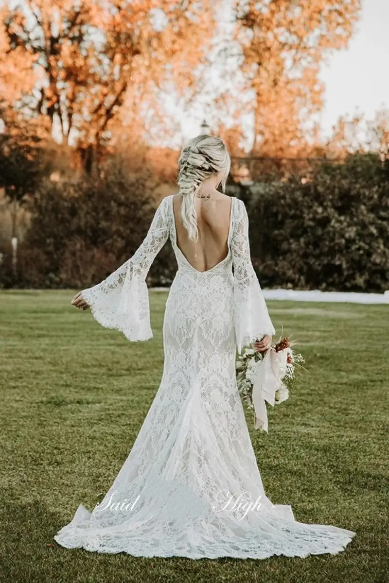 Robe de Mariée Sirène Vintage en Dentelle, Tenue de Plage, Manches sulfÉvasées, Sexy, Dos aux, Style Boho Rustique, pour Patients, Quelle que soit la Collection 2024