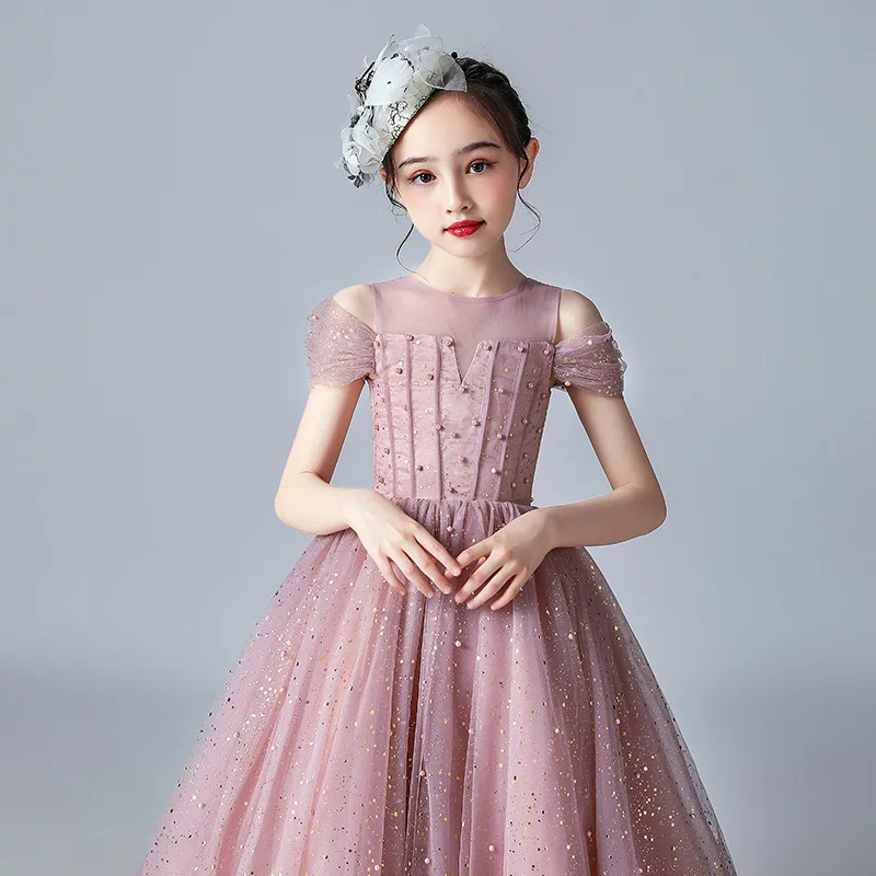 Girl Wedding Dress Tulle Birthday Ceremony Pink Pearls Girls Party Dress 2 To 14 Years Flower Girl Dresses For Wedding Kids