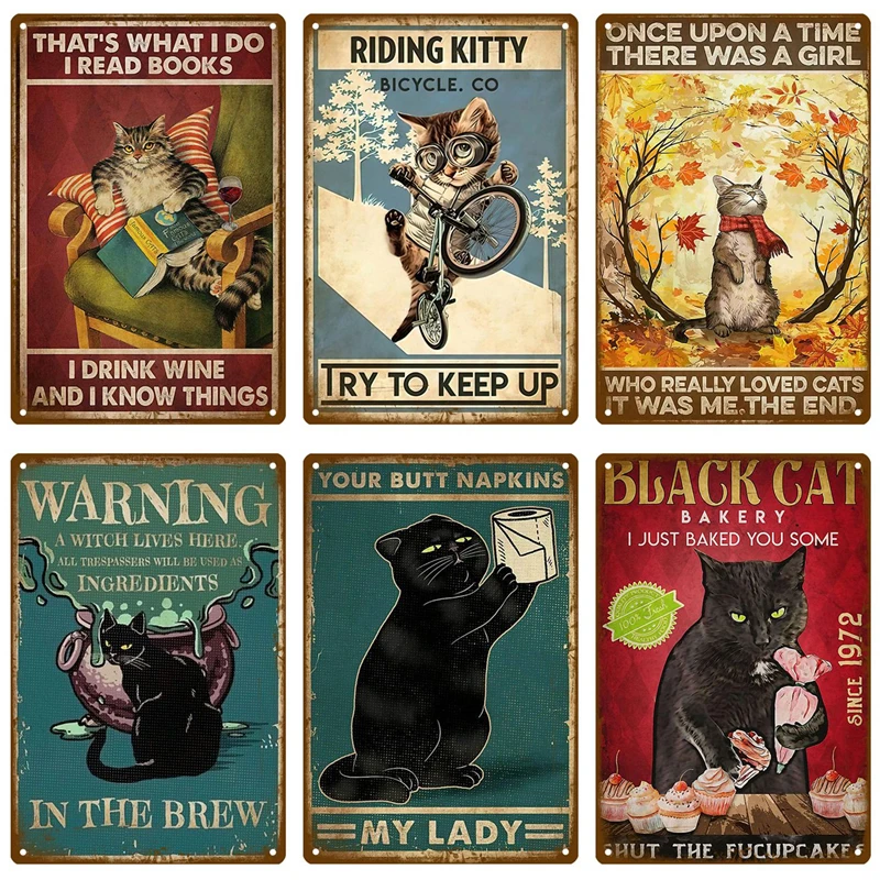 Cat Retro Tin Sign Poster Vintage Wall Posters Metal Sign Decorative Wall Plate Kitchen Plaque Metal Vintage Decor Accessories