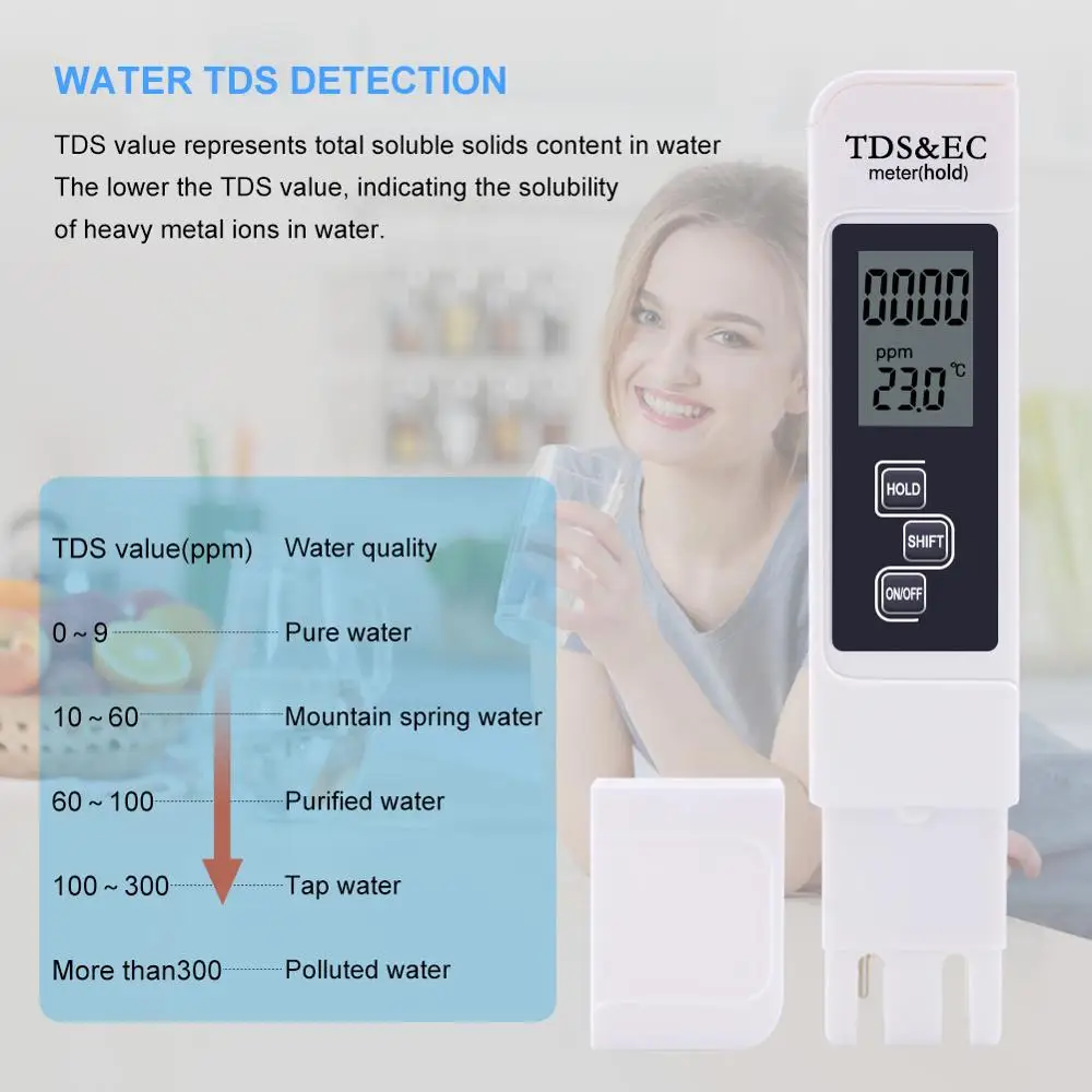 Stylo testeur de température TDS EC, fonction 3 en 1, outil de mesure de la qualité de l'eau, conductivité, TDS & EC, 0-5000ppm, nouveau, 2018