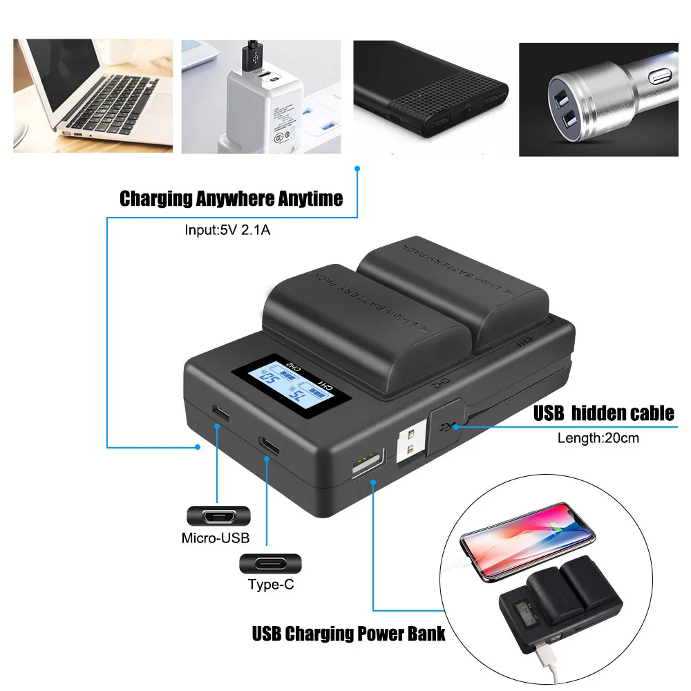 2000mAh LP E6 LPE6 LP-E6 E6N + Dual LED charger for Canon EOS 5DS R 5D Mark II 5D Mark III 6D 7D 80d 90d Eos 5ds R camera accessories