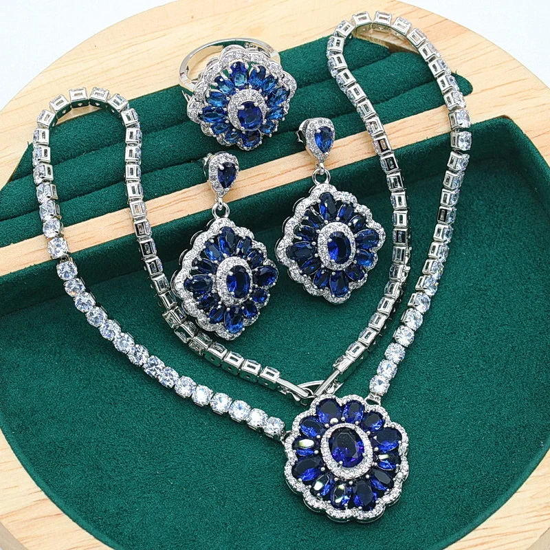 Dubai 925 Silver Female Jewelry Sets for Women Wedding Royal Blue Topaz Necklace Pendant Earring Ring Holiday  Gift