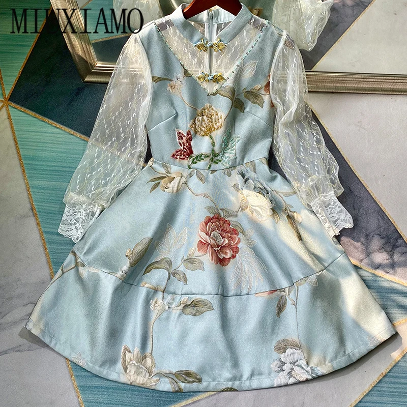 

MIUXIMAO 2021Spring Summer Party Dress Lace Embroidery Long sleeve Jacquard Diamonds Office Lady Casual Cake Dress Women Vestido