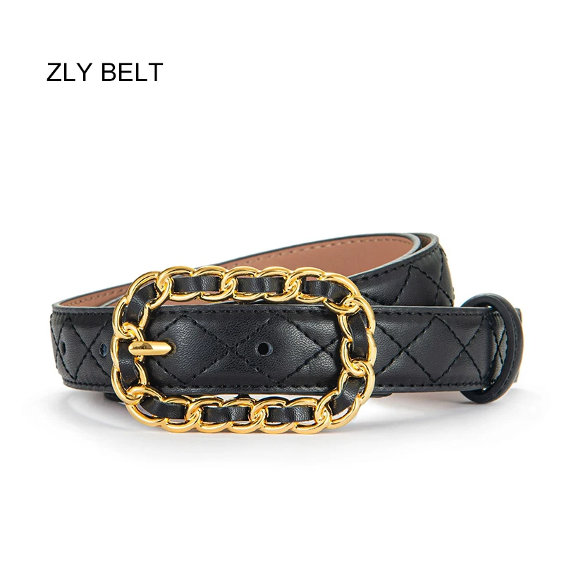 2021 New Fashion Belt Women Men Unisex Cowskin Leather Material Metal Chains Pin Buckle Rhombic Pattern Luxury Brand Designer