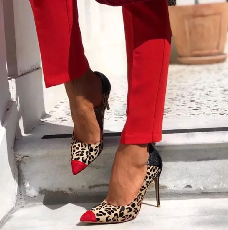 Red Pointed Toe Suede Leather Stiletto Heel Pumps Slip-on Patchwork Leopard High Heels Black Snakeskin Formal Dress Shoes