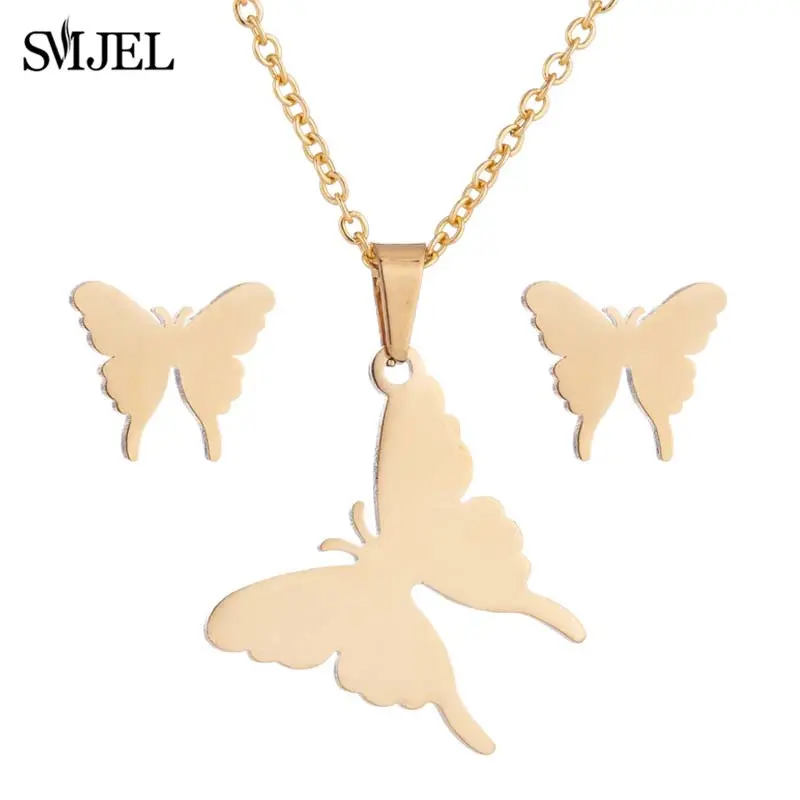 Luxury Stainless Steel Jewelry Sets Romantic Matte Butterfly Necklaces Earrings Animal Choker Wedding Bridal Accessories