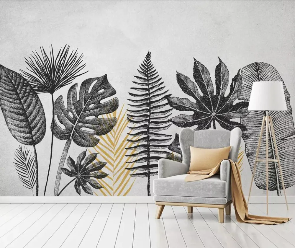 Bacal Modern European type revives ancient nostalgic black banana leaf white wall sitting room setting draws 3D wallpaper mural