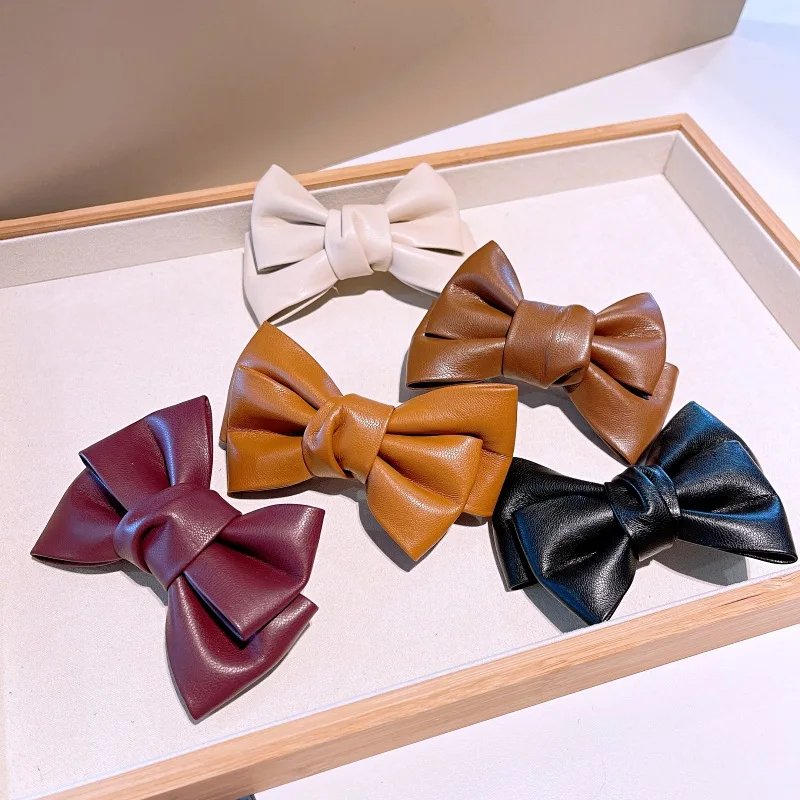 new style hairpin autumn and winter French retro pu leather bow hairpin temperament hair accessories bangs clip hair accessories