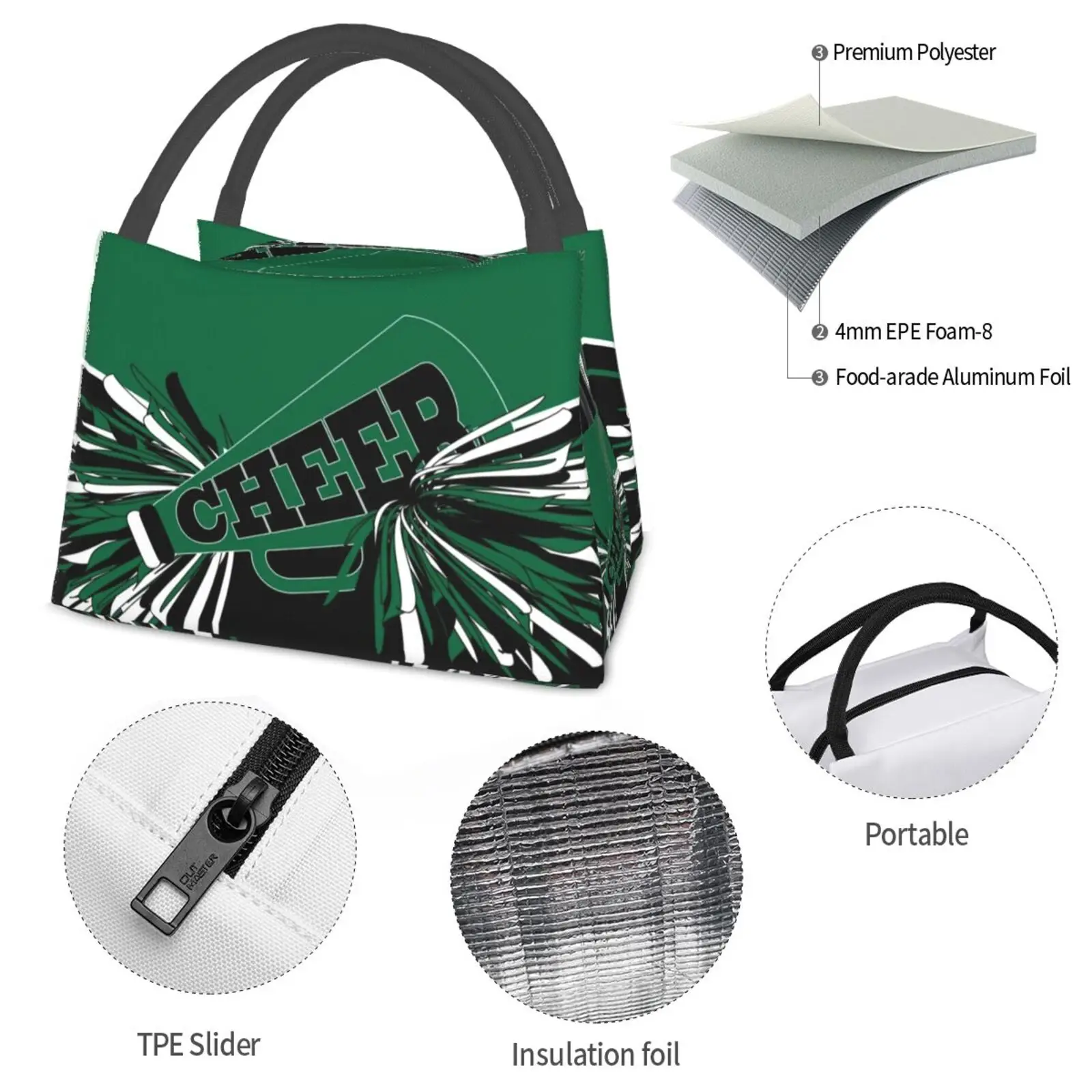 Borsa termica per il pranzo borsa da Picnic verde scuro Cheerleader verde scuro Cheer Cheerleader nero bianco Pom Poms megafono