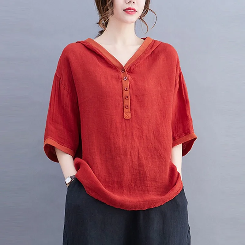 Women Summer Cotton Linen Hooded T-shirts New Arrival 2021 Simple Style Solid Color Loose Female Casual Tops Tees B391