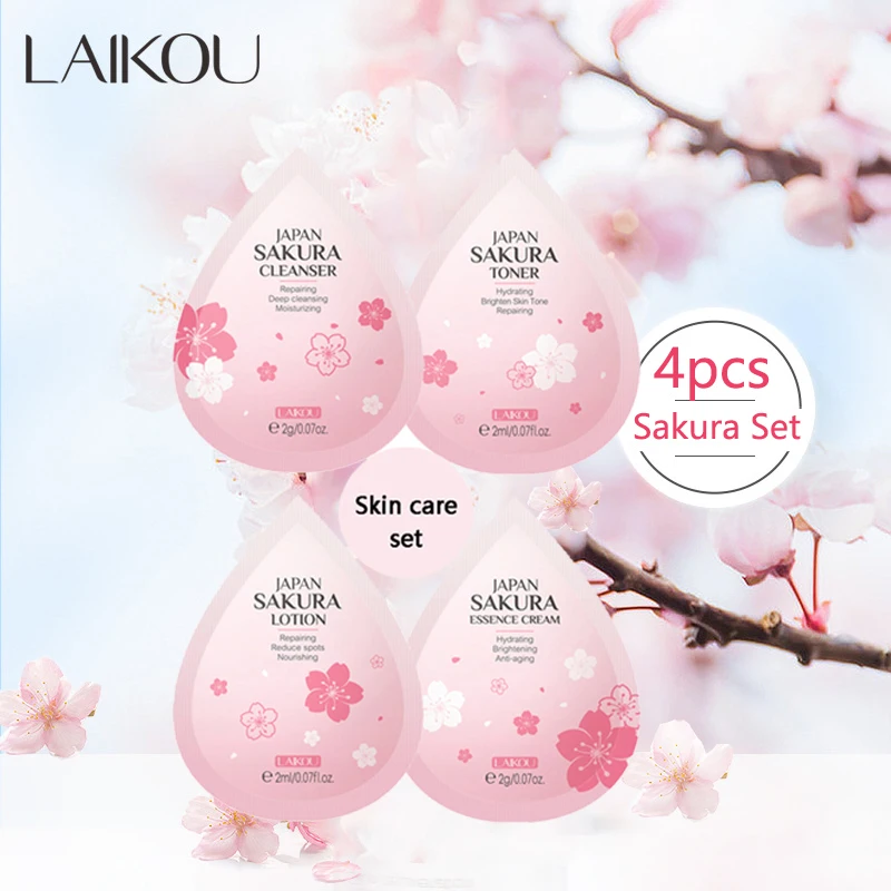 LAIKOU 4Pcs Skincare Set Sakura Cleanser Toner Lotion Cream Deep Cleansing Moisturizing Oil Control Portable Kit Travel Outfit