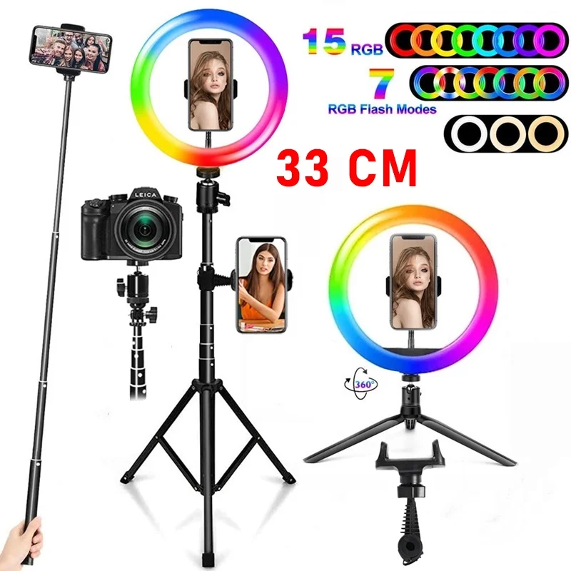 

12 Inch Dimmable RGB LED Selfie Ring Fill Light 33CM Photo Ring Lamp With Tripod For Makeup Video Live Aro De Luz Para Celular