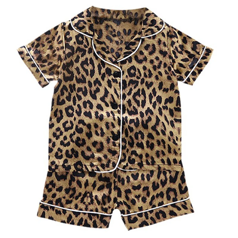 Ensemble pyjama léopard en satin pour enfants, vêtements de nuit pour garçons et filles, chemisier à manches courtes, short Y +