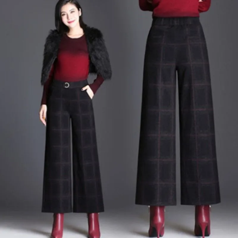 Striped Women Wide Leg Pants Woolen New Thick Warm Fashion Autumn Winter Trousers Elastic High Waist Female Casual Loose Pant