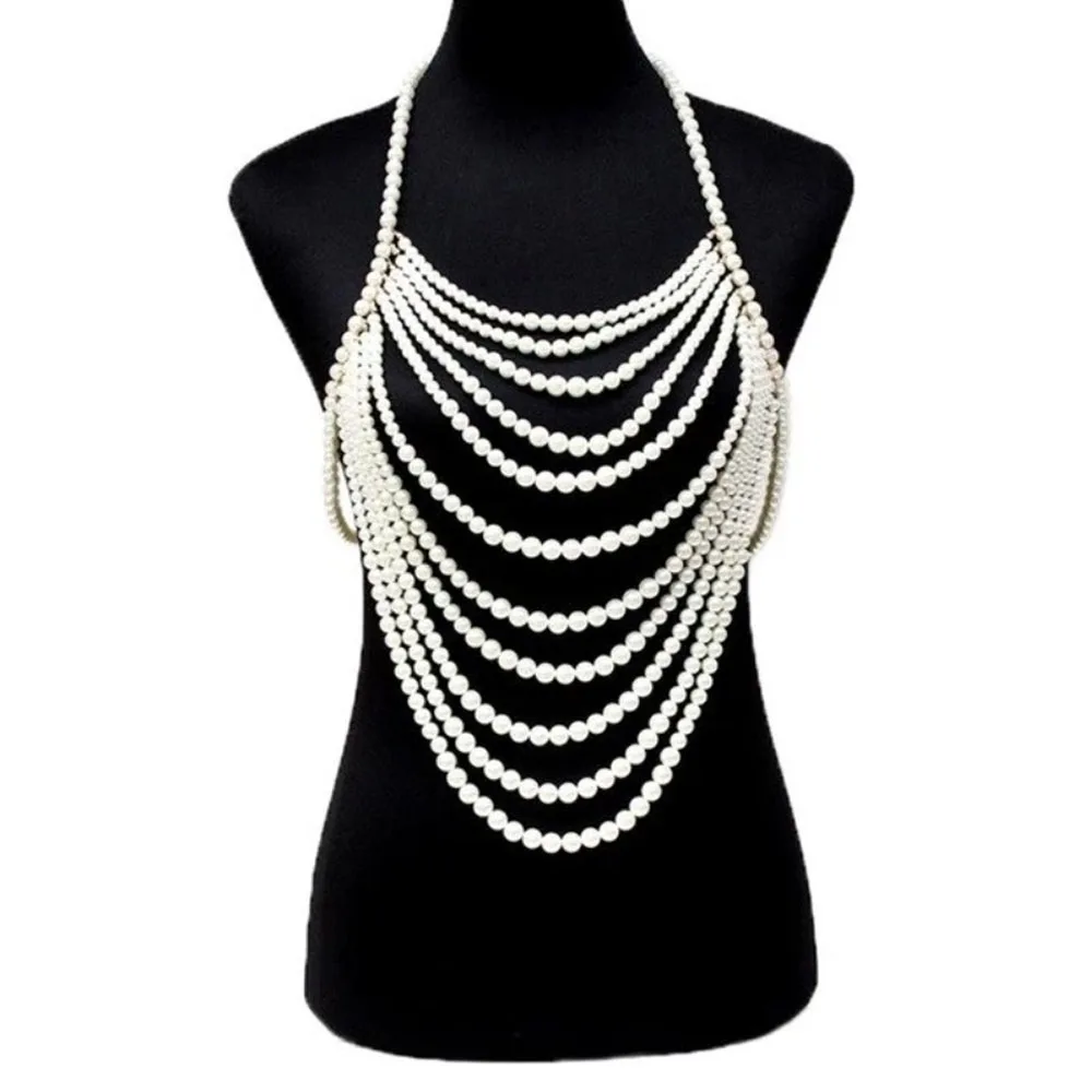 Unique Multilayer Imitation Pearl Bralette Top Body Chain for Women Sexy Chest Necklace Chain Jewelry Lingerie Party Accessories