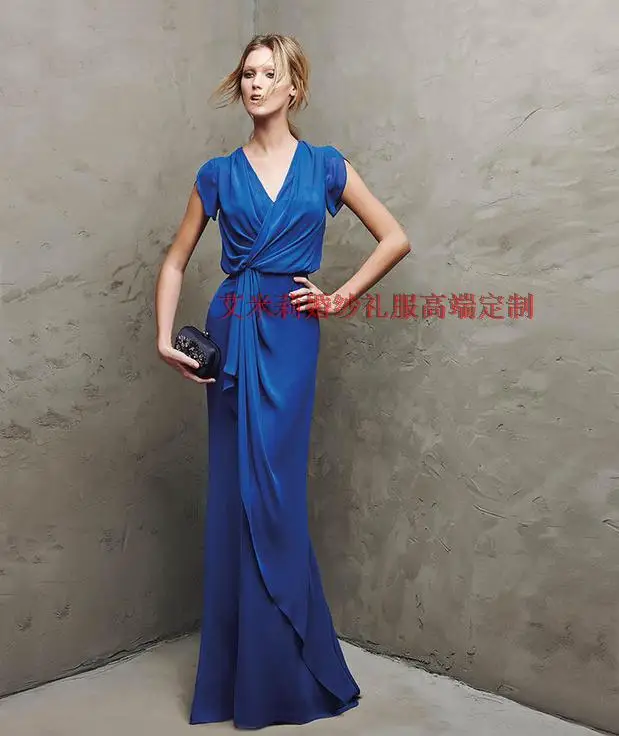 Gaun Pesta Malam Panjang Chiffon Biru Ketat Leher V 2020 Formal Lengan Baju Elegan Vestido Gaun Ibu Mempelai Wanita