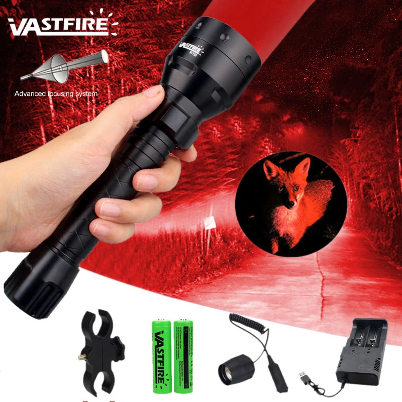 500 Yards LED Tactical Flashlight 55mm Lens Zoomable Outdoor Predator Hunting Light Torch+Mount+18650+Charger+Pressure Switch