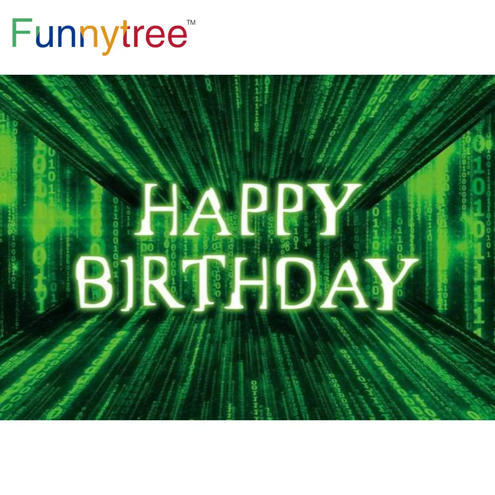 Funnytree Happy Birthday Backdrop Virtual World Future Style Green Cyberspace Code Baby Shower Photography Photocall Background