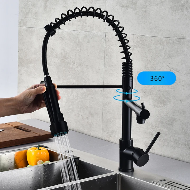 Fast Shipping Black Spring Kitchen Faucet Crane Hot And Cold KitchenTap Sink Mixer Deck Mount Pulll Down Style Free Rotatble