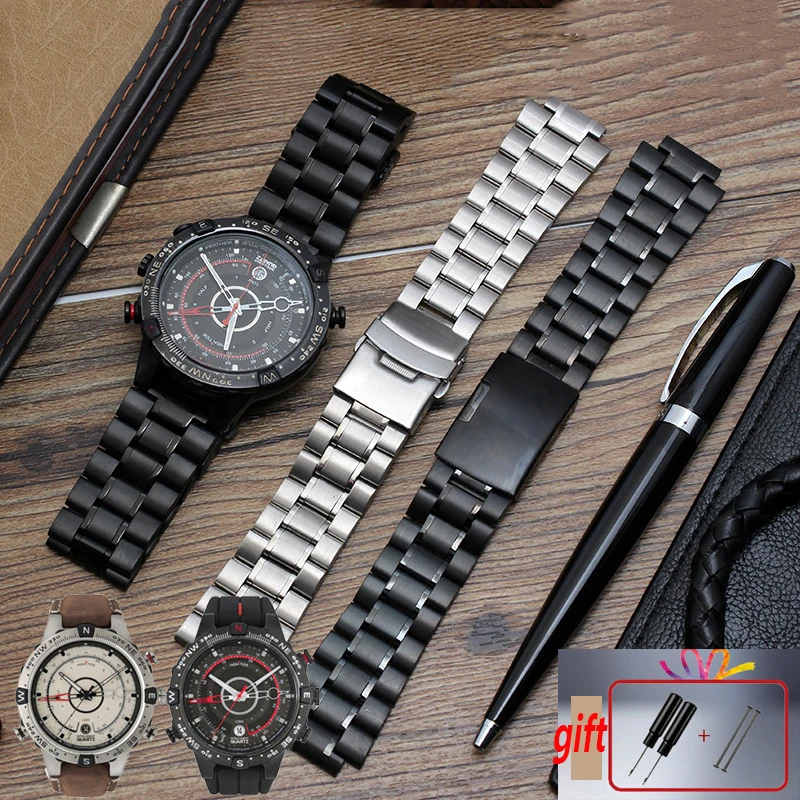 Stainless steel watchband for men's TIMEX T2N720 T2N721 TW2R55500 T2N721 watch strap 24*16mm lug end silver black bracelet BAND