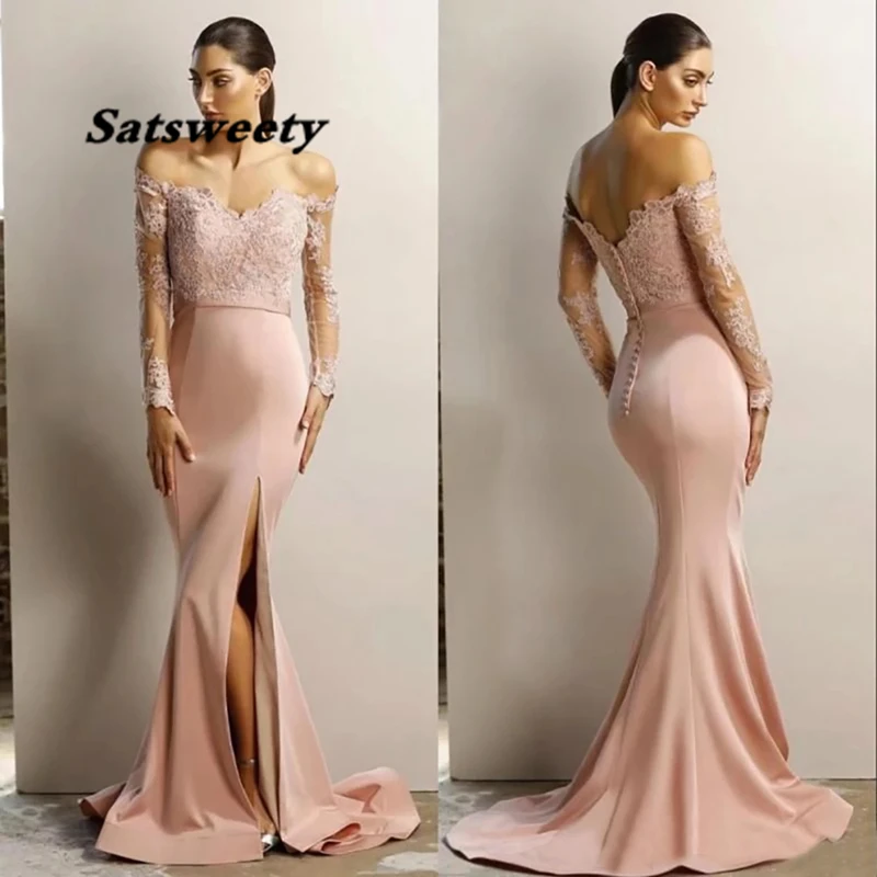 New Plus Size Mermaid Trumpet Girl Applique Woman Lady Satin Thigh-High Slits Long Sleeve Custom Off-Shoulder Bridesmaid Dresses