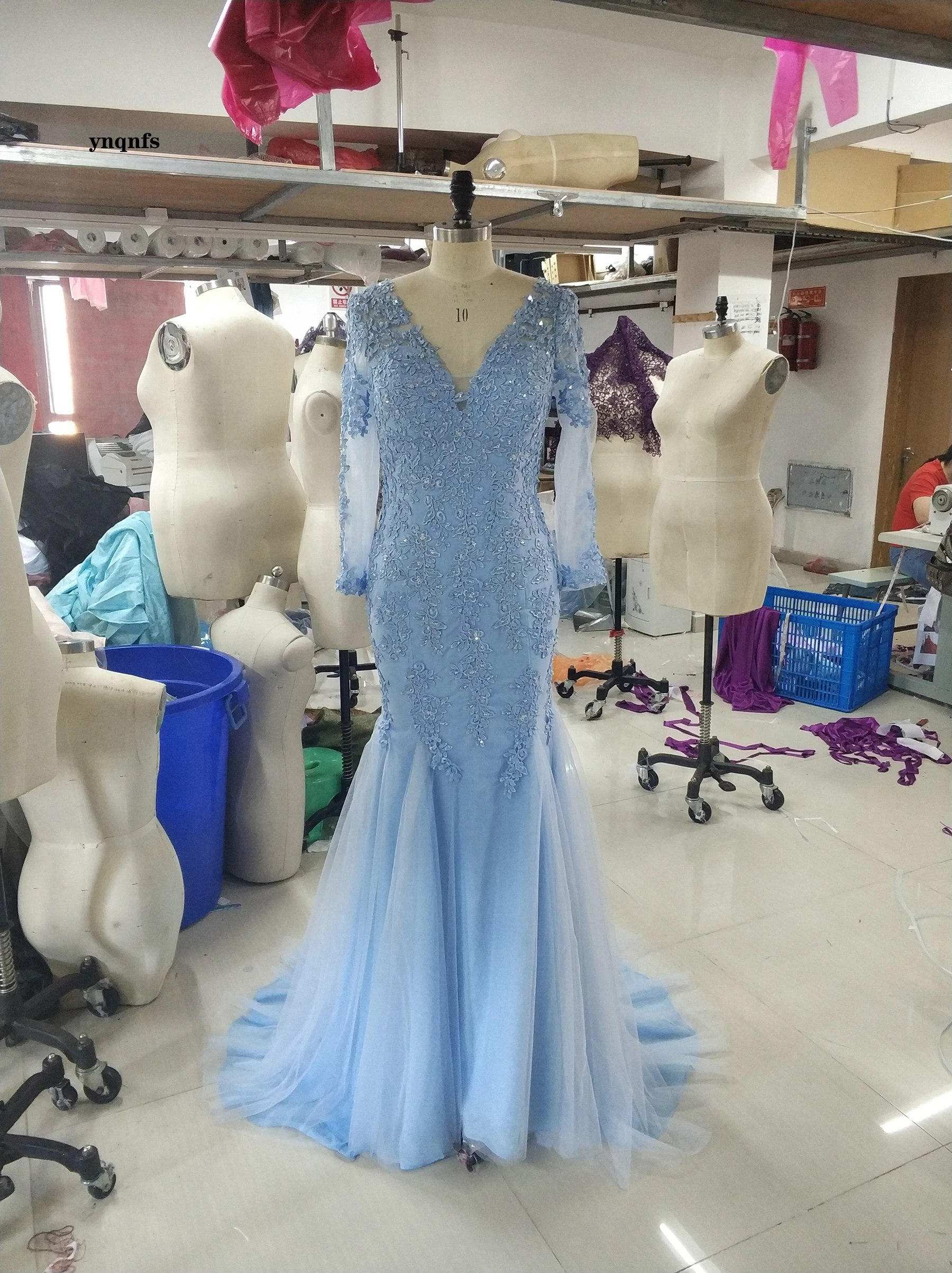 

Ynqnfs M191 Sky Blue Lace Bride Gown Mother Plus Size Long Sleeve Groom Mother Dress Floor Length Pleated Chiffon Ball Gown