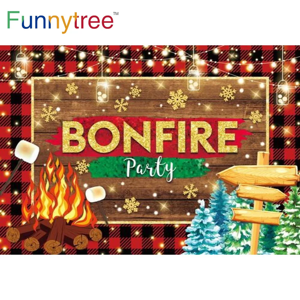 

Funnytree Bonfire Merry Christmas Party Winter Backdrop Gold Snowflake Lattice Lights Banner Marshmallow Forests Background