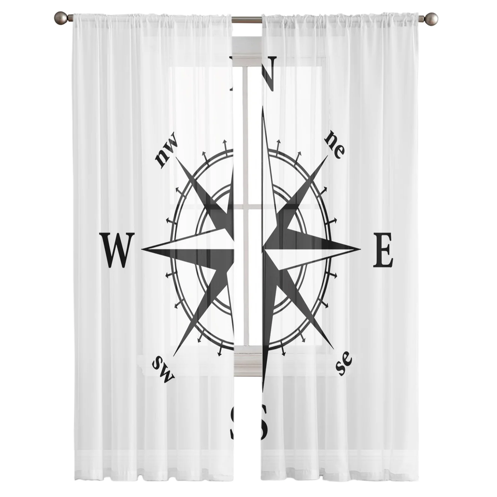 Compass White Background Sheer Curtains for Living Room Bedroom Kitchen Chiffon Tulle Curtains Home Hotel Coffee Decor