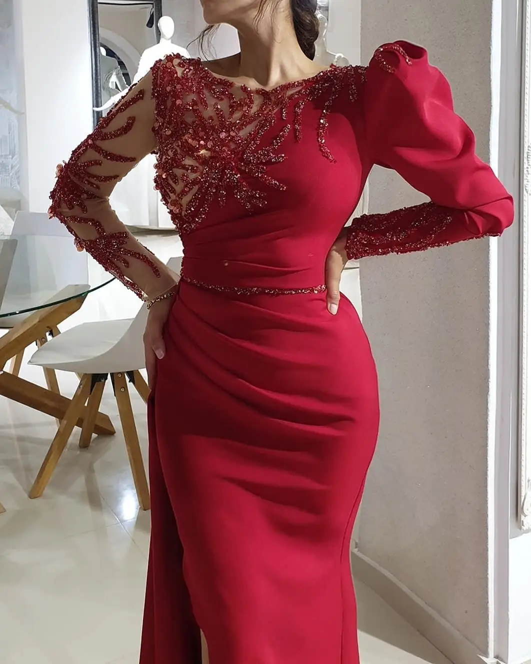 Vestidos de Noche Arabisch Red Luxuriöse Meerjungfrau Prom Abendkleider Perlen Kristalle Lange Ärmeln Party Kleider robe soirée femme