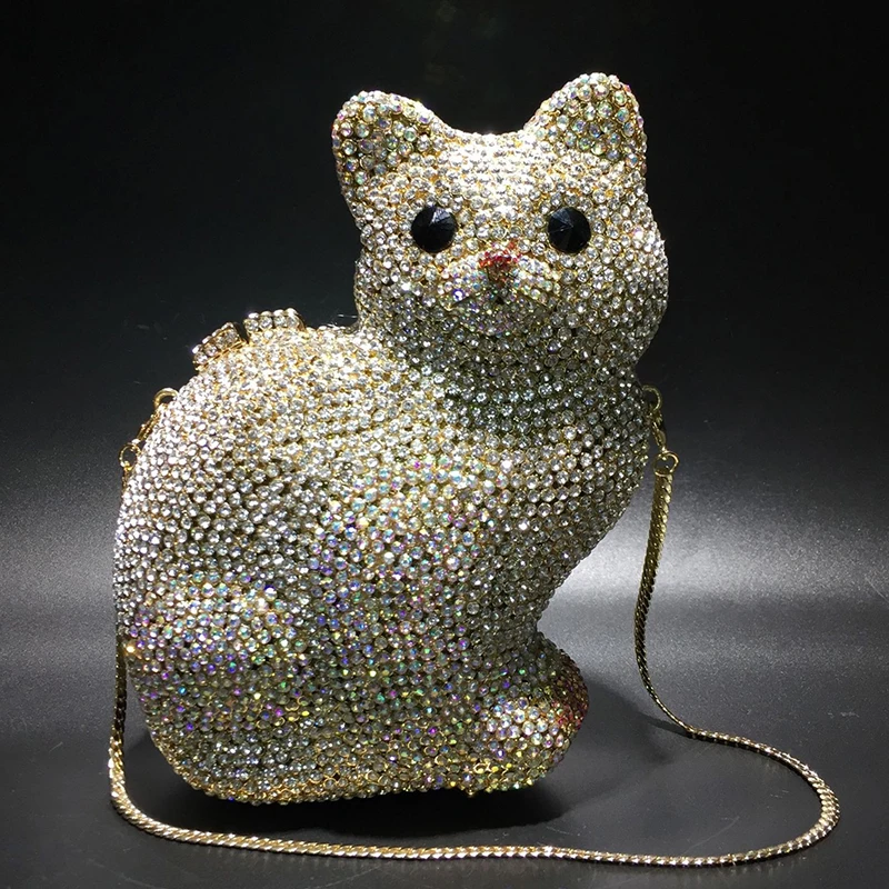 Cat Shape Women Crystal Clutches Bags Evening Purse White Rhinestone Gold Metal Clutch Party Mini Minaudiere Prom Chain Handbags