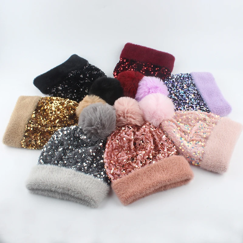 Girls Women Winter Pompom Fur Hat Bling Sequins Skullies Beanies Soft Warm Knitted Hats Fashion Hip Hop Ski Caps