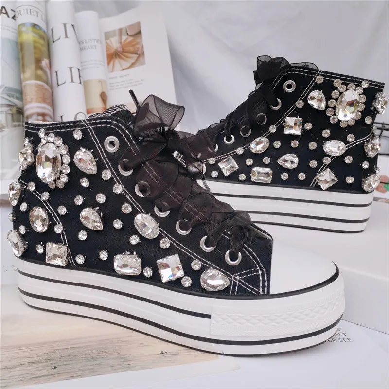 

Cute Crystal Women's Canvas Shoes Gemstone Handmade Diamond Thick-soled High-top Shoes