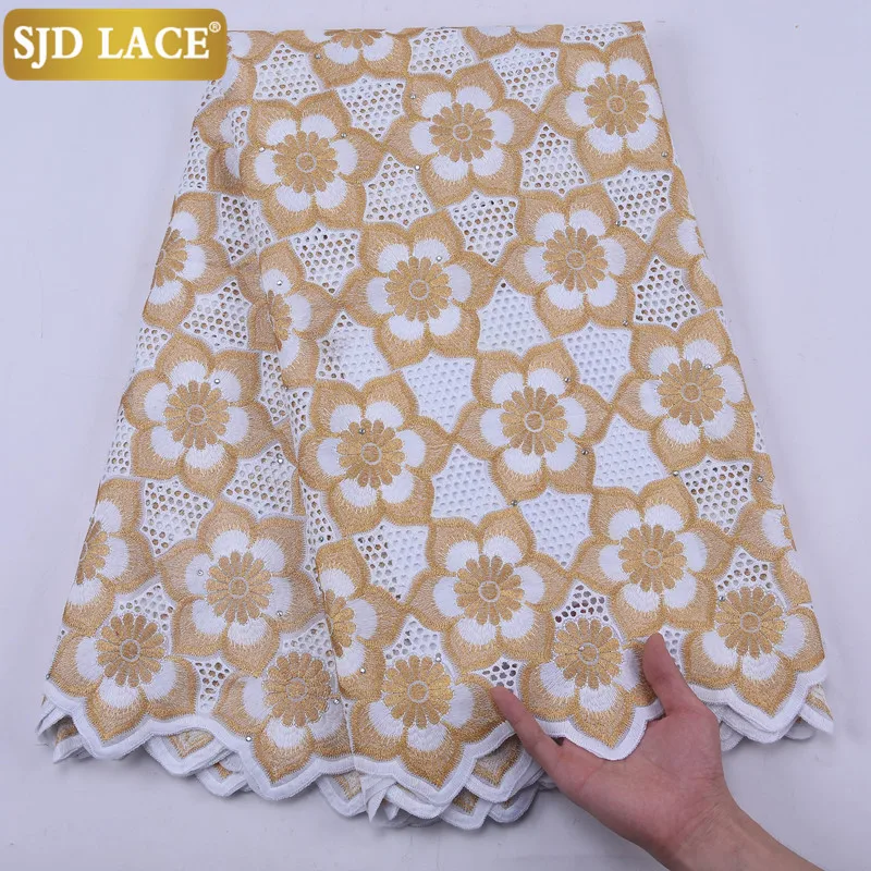 SJD LACE Gold 2024High Quality African Lace Fabric With Stones Swiss Voile Lace In Switzerland Style Punch Cotton Dress A2125