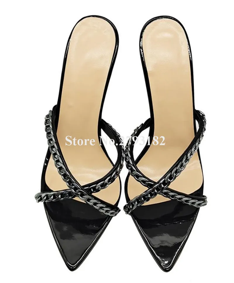 Chains Stiletto Heels Slippers Women Sexy Pointed Open Toe Metal Chains Decorated Thin Heel Sandals Straps Cross Heeels