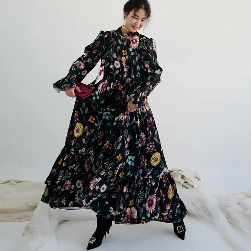 Elegant Dress Vintage Fashion Long Sleeve Closed Dress Women Flower Hit Color Neckline Tie Lotus Leaf Big Swing Dress