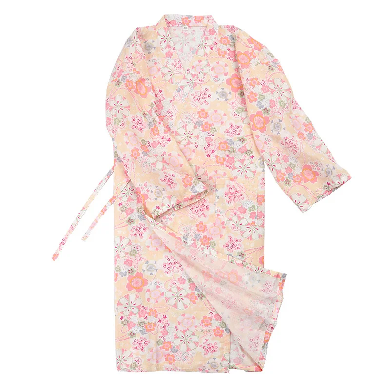 

New Kimono Pajamas Japanese Style Floral Printing Thin Soft Lacing Cotton Cardigan Yukata Ladies Hot Spring Sauna Sweat Suit