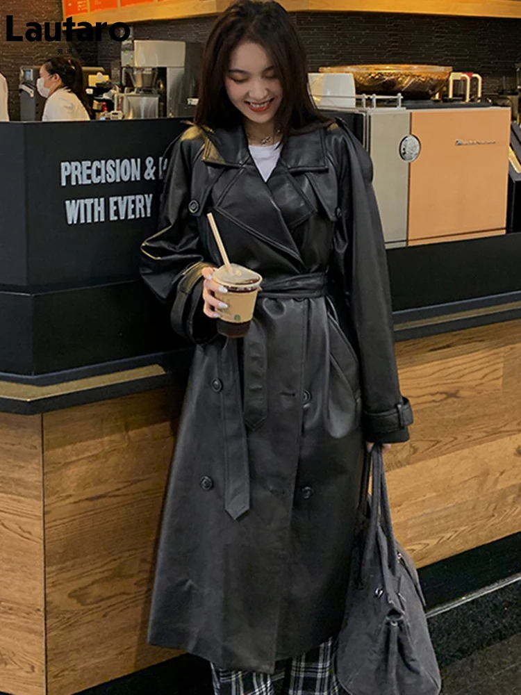 Lautaro Autumn Long Oversized Black Faux Leather Trench Coat for Women Belt Double Breasted Loose Stylish Korean Fashion 2023