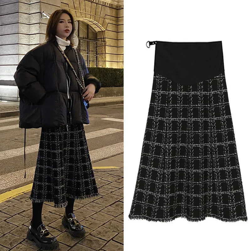 

New Autumn Winter Vintage Plaid Woolen Maternity Skirts Chic Ins Elastic Waist Belly A Line Slim Clothes for Pregnant Women