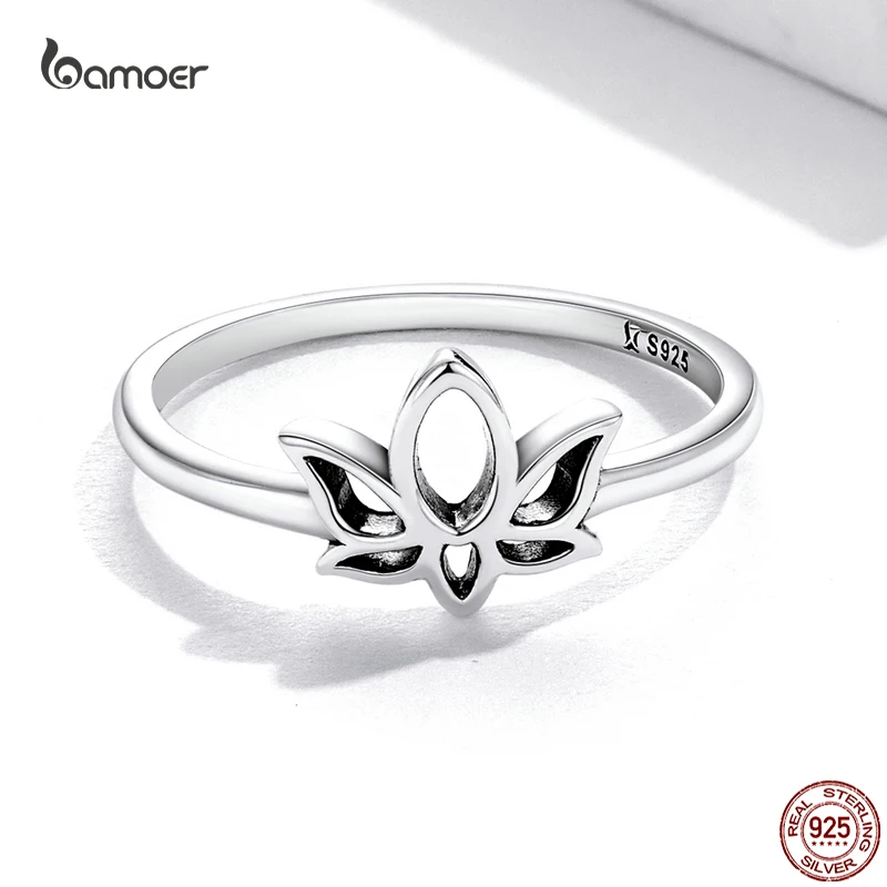 Bamoer New Simple Lotus Rings for Women Genuine 925 Sterling Silver Female Flower Finger Rings High-Quality Party Jewelry Gifts