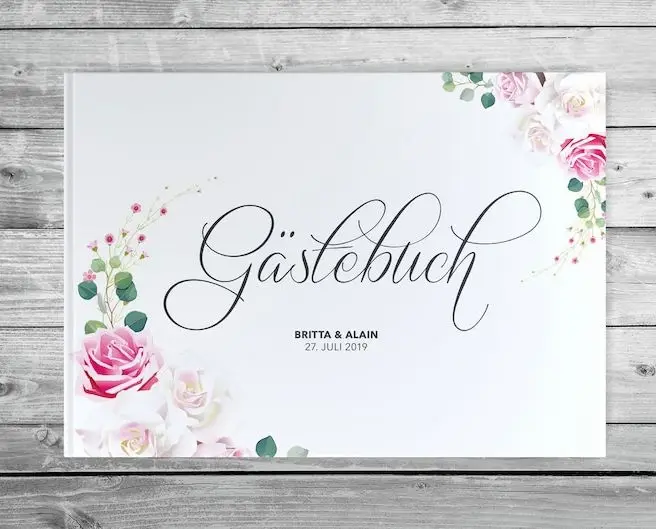 Guest book wedding white pages blank photobook noble romantic vintage wild rose personalized name date